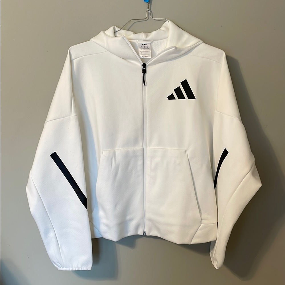 Adidas White and Black Hoodie Jacket